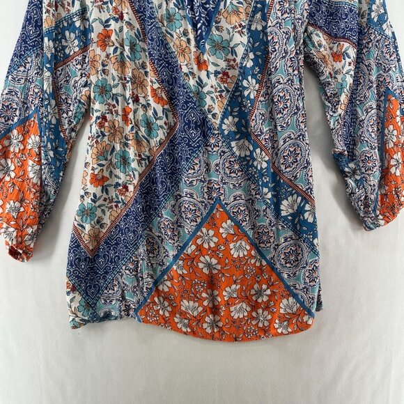 Lola P. Top Size L Peasant Boho Floral Blouse Shirred Tasseled Slit Sleeve Blue - Picture 6 of 10